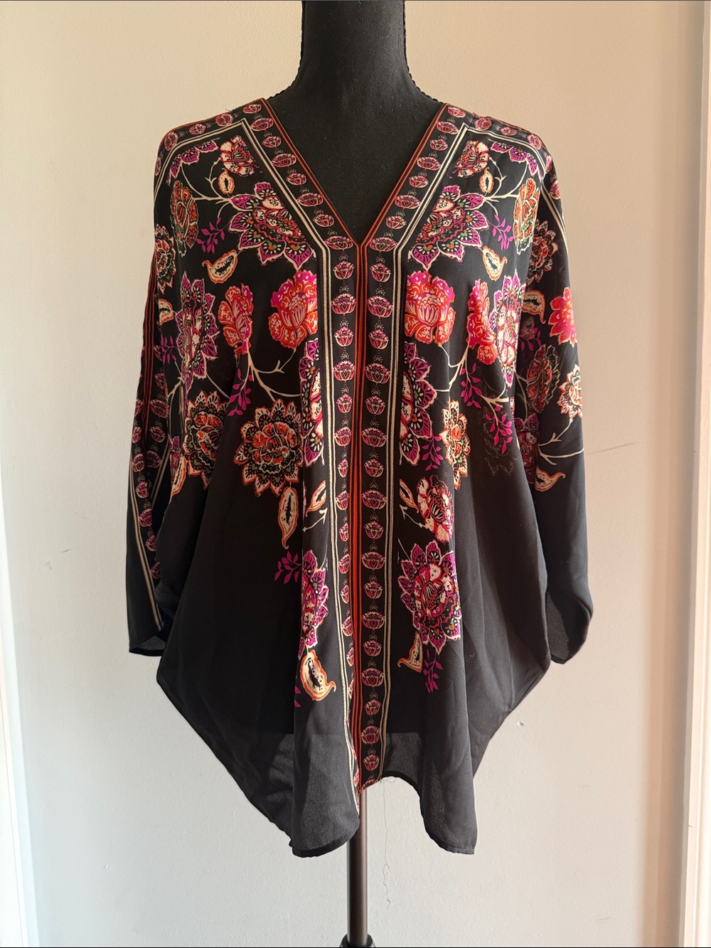 Rose & Olive Black Tunic Top with Pink and Orange Floral Embroidery